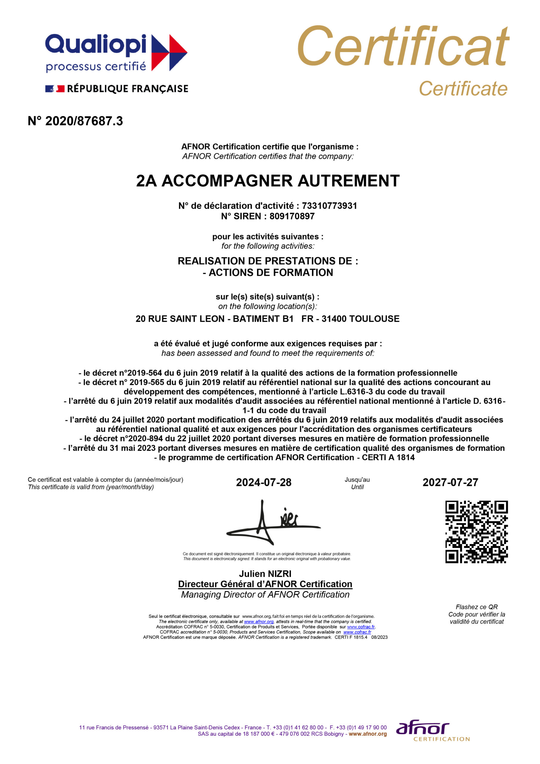 Certificat démarche qualité 2A Accompagner Autrement